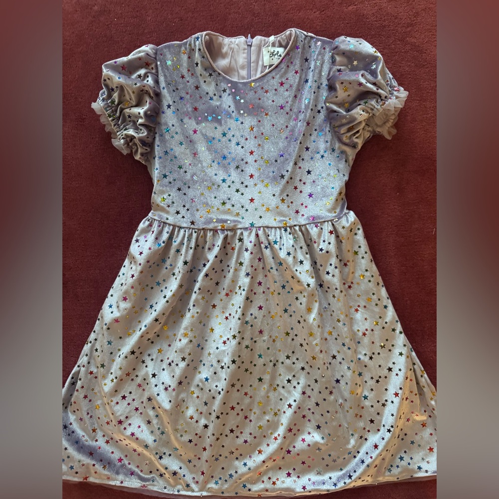 Lola + The Boys Silver Sparkle Dress with Multicolor Stars
